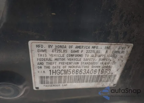 2003 Honda Accord 2.4 Ex z USA, uszkodzony, nr VIN 1HGCM56663A061993